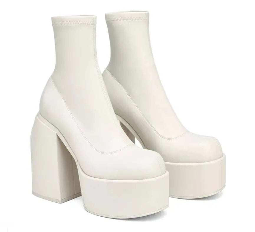 Women New Fashion Short Boots Women Sexy Leather Boot Square toe casual Zipper high heels Casual thick soled women shoes...