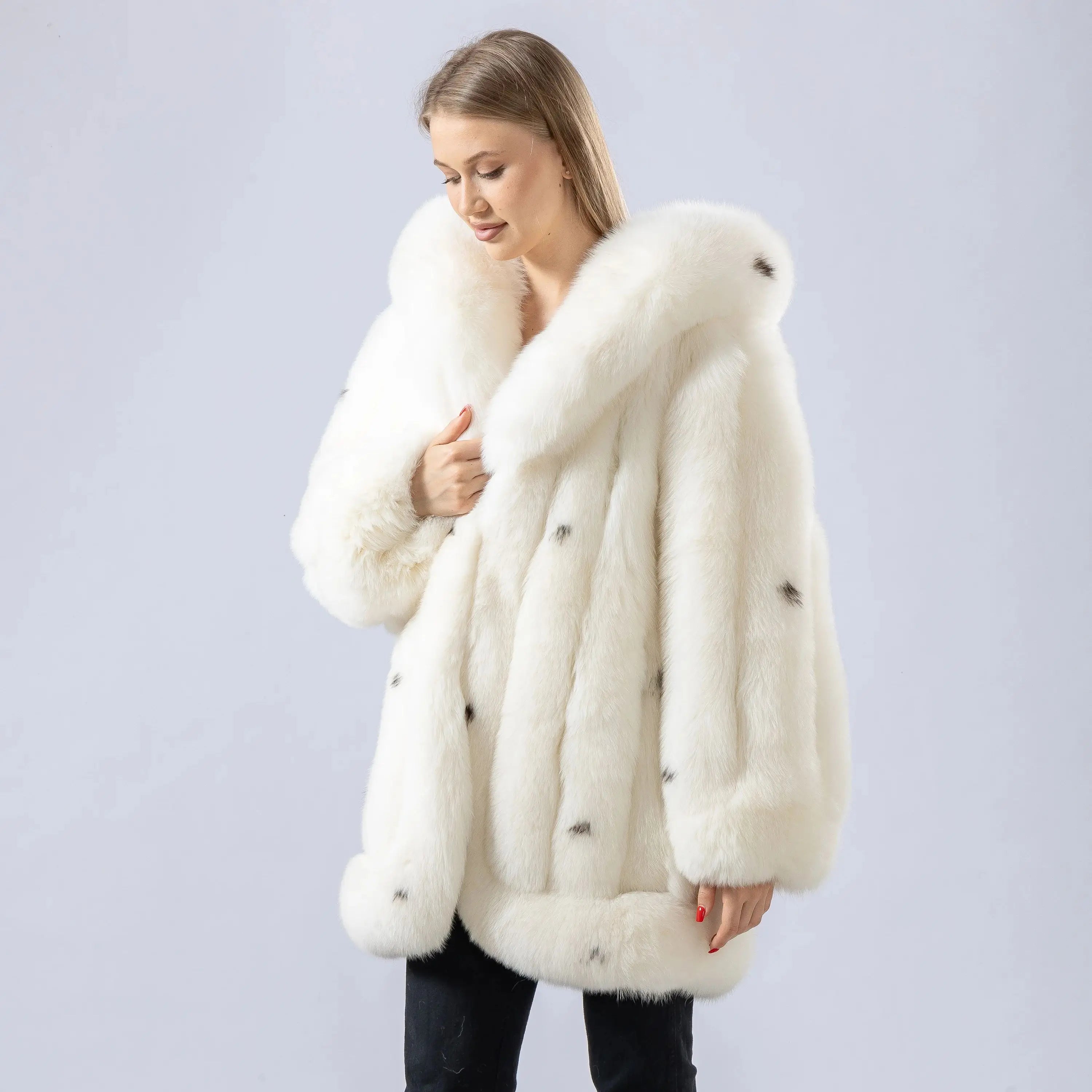 Polka Dot real fox fur coat with hood Mid-length overcoat 250465