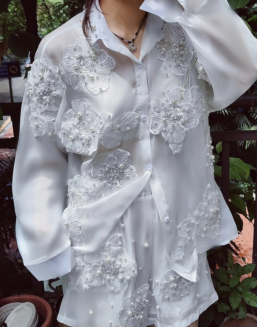Fairy 3D Flowers Embroidery Sequined Chiffon Shirts Mesh Soliced Pearls Blouses Sunscreen Cardigan Tops+Elastic Shorts...