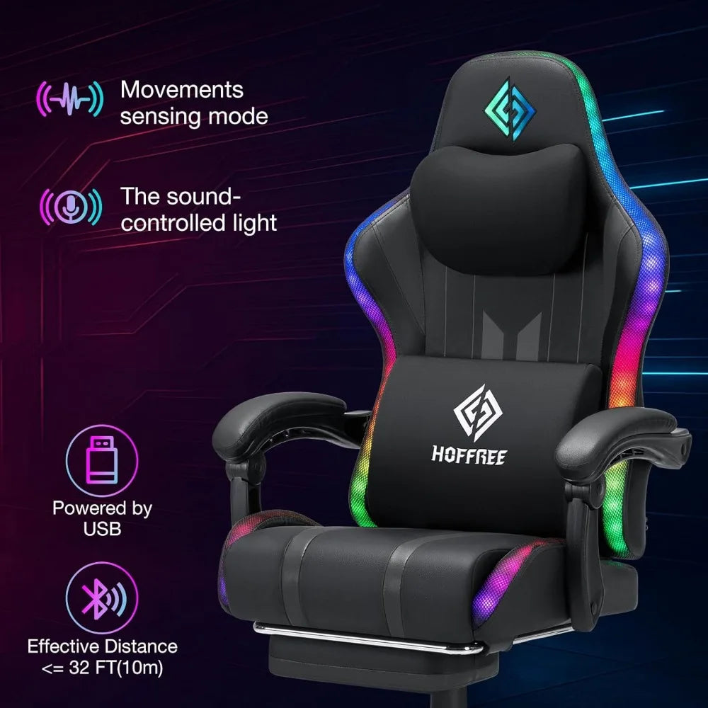 Ergonomic Computer Gaming Chair with Massage, Rhythm RGB LED Lights, Bluetooth Speakers, and Footrest for Enhanced Comfort