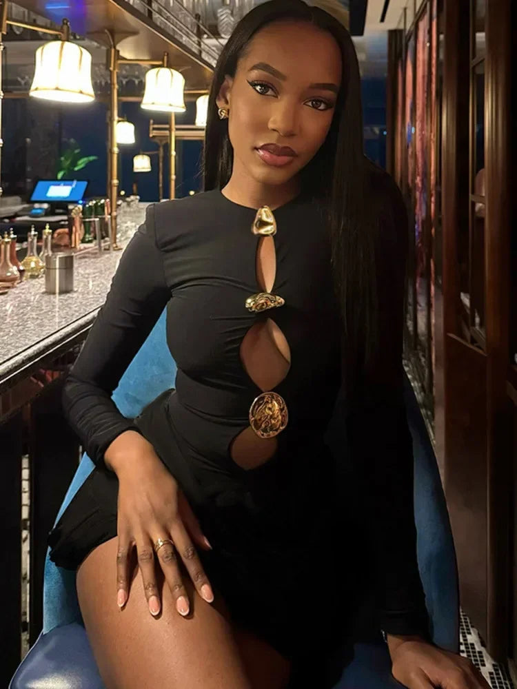 Chaxiaoa Hollow Out Long Sleeve Sexy Mini Dress Women Autumn Winter Button O Neck High Waist Ruched Club Party Dresses Elegant