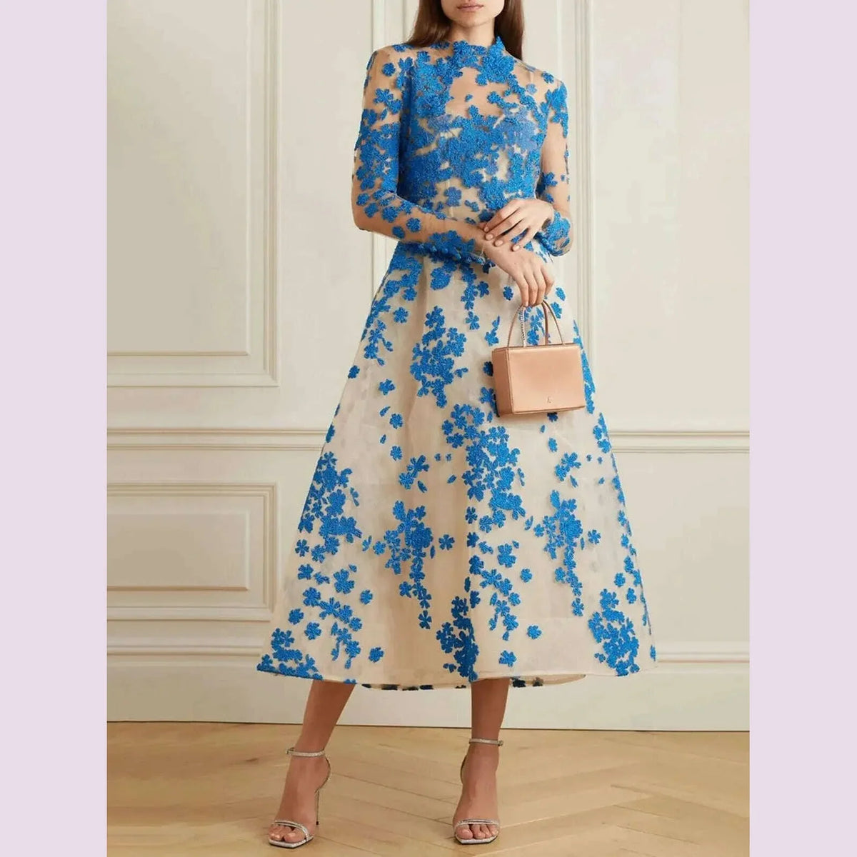 Elegant Women Dress Long Sleeve Cinch Waist Floral Appliques Pleated A-Line Fashion Party Wedding Guest Midi Dress 2025