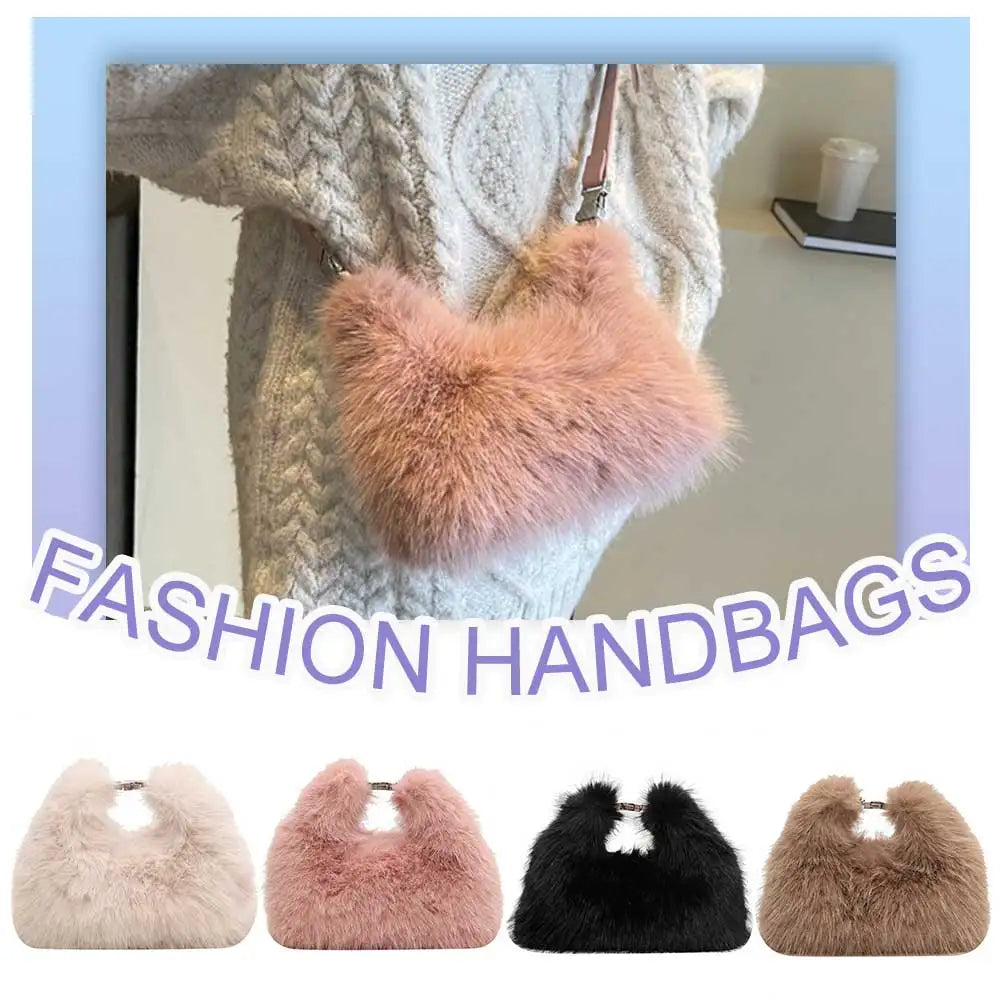 Women Faux Fur Shoulder Bag Adjustable Strap Fluffy Crossbody Bag Solid Color Handbag Hobo Bag for Travel Party