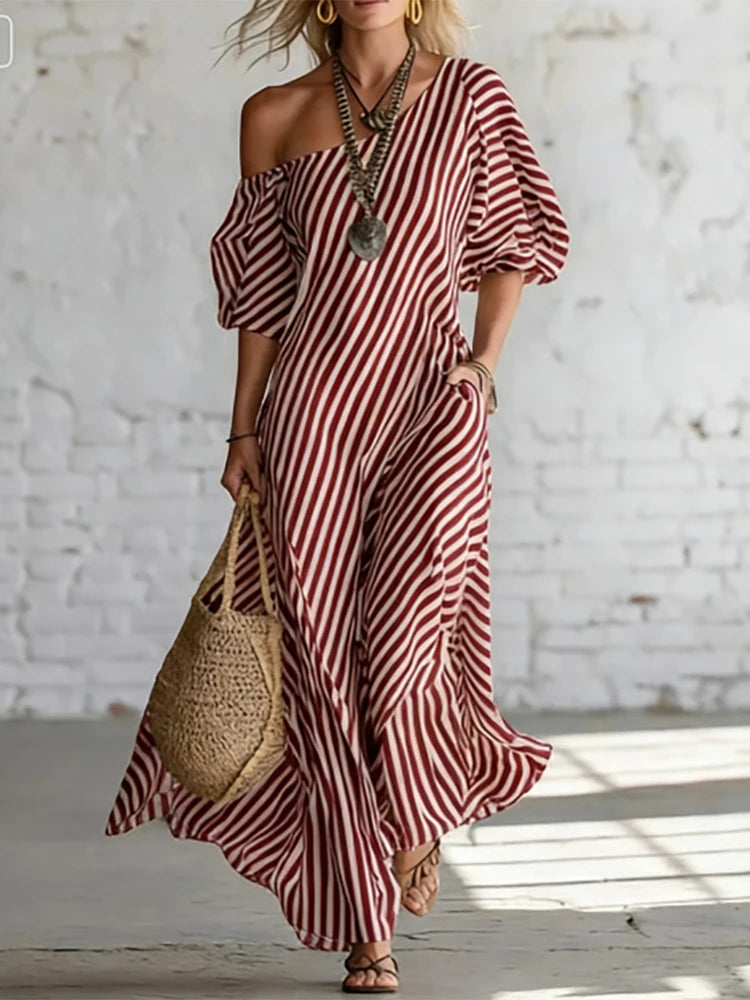 Comfortable daily single shoulder bubble sleeve dress with classic striped print 2026 summer new casual loose long dress