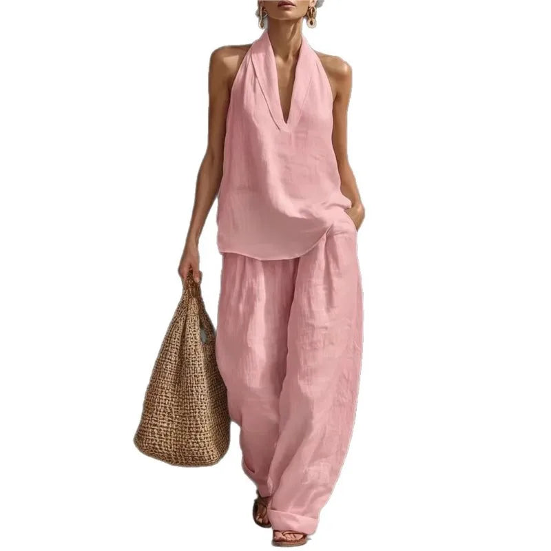 Casual Solid Set For Women Fashion Solid Sleeveless V Neck Tops+High Waist Wide Leg Pants 2 Piece Sets Lady Holiday Women's