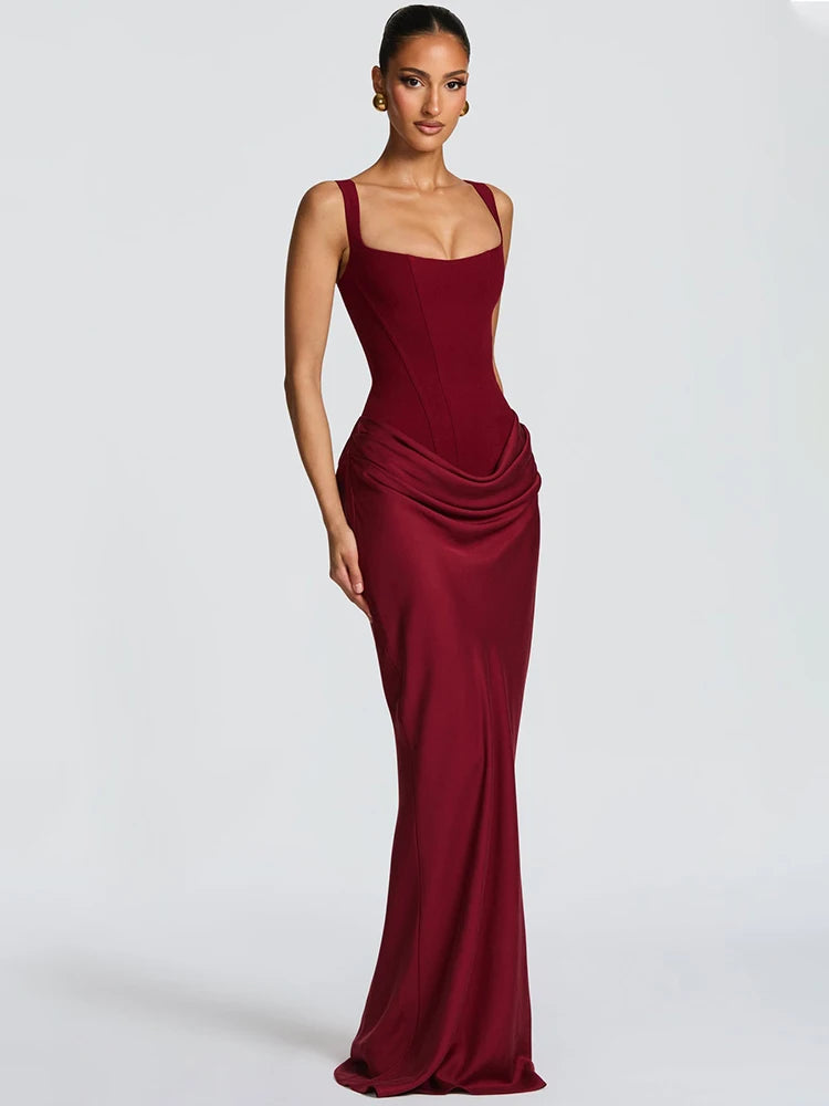Mozision Elegant Backless Sexy Maxi Dress Women Gown Fashion Square Collar Sleeveless Skinny Ruched Club Party Long...