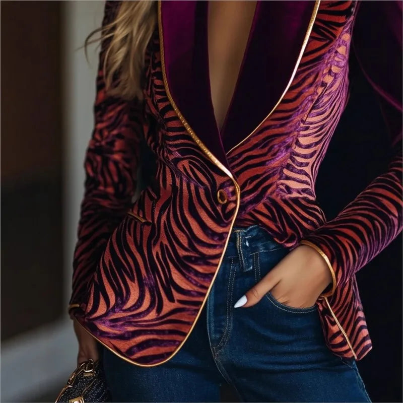 2025 Retro Floral Printed Blazer Jacket Satin Patchwork Lapel Collar Single Button Office Lady Elegant Vintage Jacket Coat