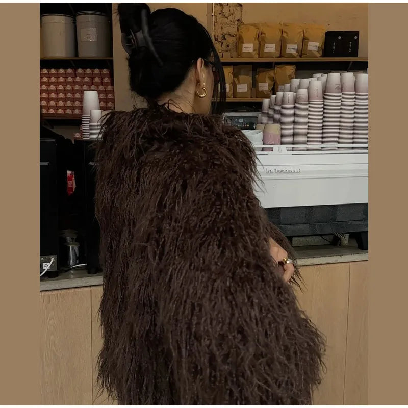 Casual Creamy-white Thick Faux Fur Short Coat Women Long Sleeve Turn Down Collar Warm Soft Jacket Female Winter Daily Outerwear