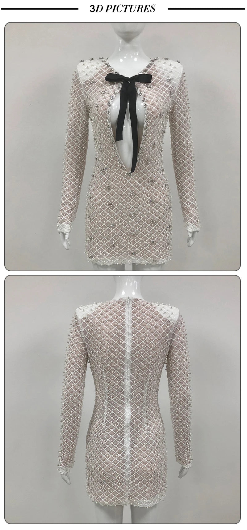 VC Pearl Sequins Hollow Out Short Dress For Women Sexy Long Sleeve Key Hole Bow Tie Diamond Beige Mini Evening Party Dress