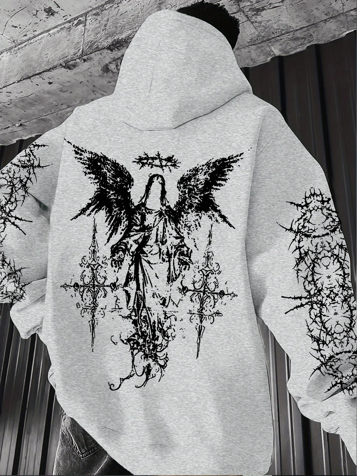 Men's Angel-themed graffiti thorn print streetwear hip-hop punk style hooded sweatshirt regular fit version sweatshirt hoodie
