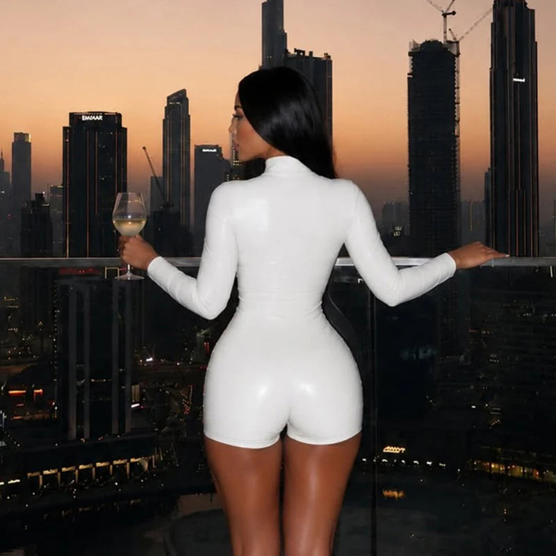 Solid color PU leather stand up collar long sleeved zipper sexy spicy girl jumpsuit shorts - Kimlud