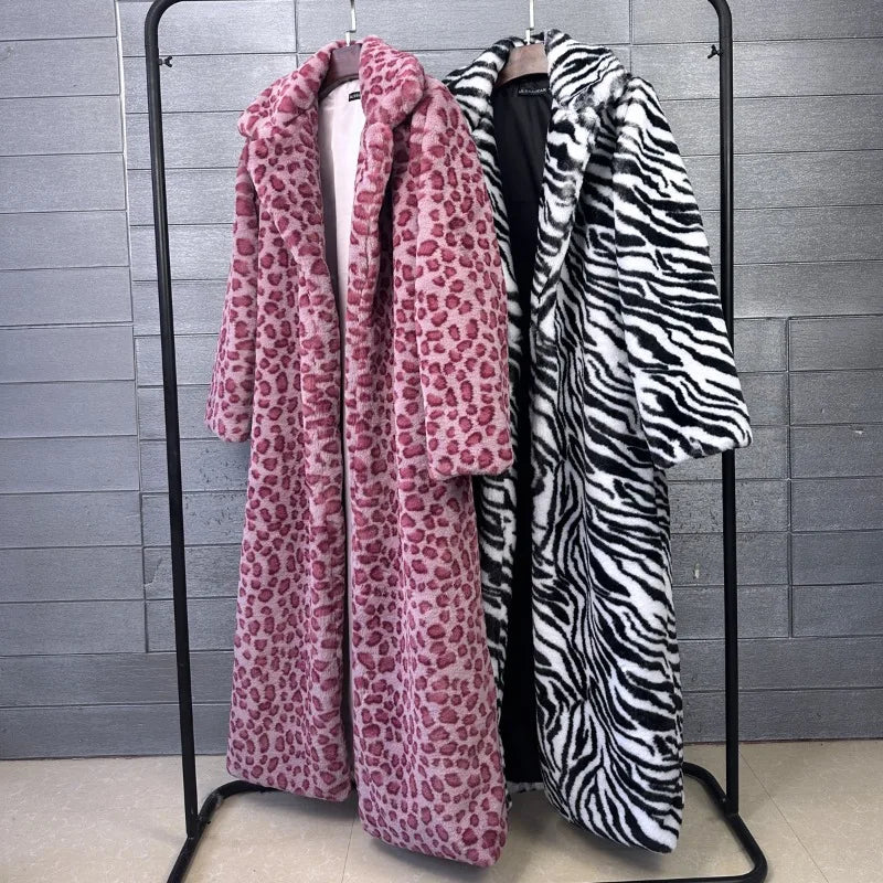 2026 Fashion Zebra Leopard Print Fur Coat Women's Winter Faux Rabbit Hair Fur X-long Overcoat Loose Jacket Streetwear...