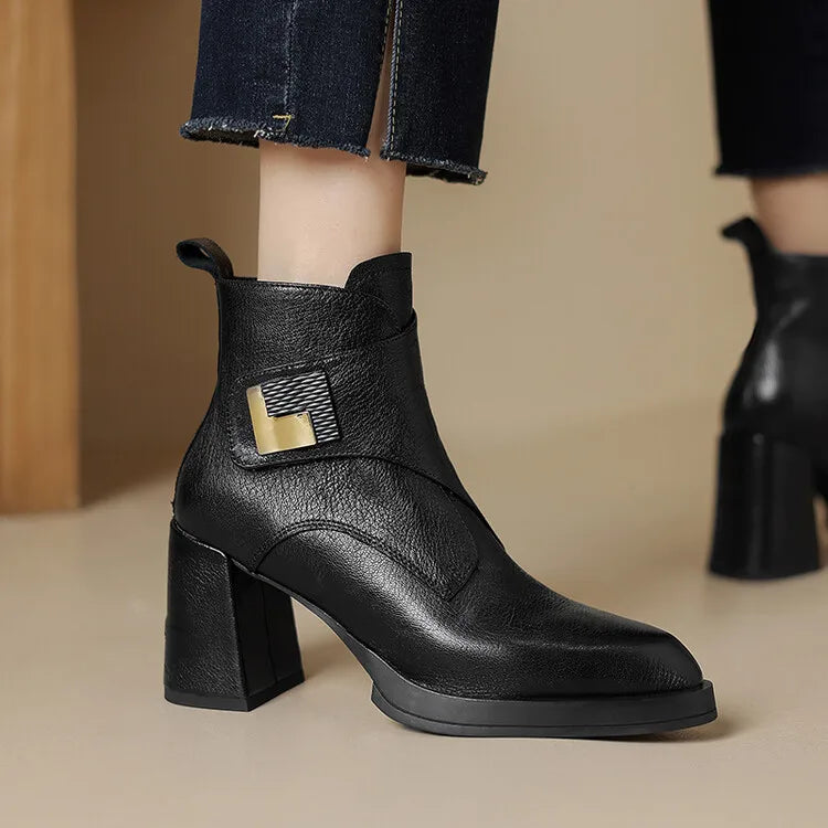 NEW Autumn/Winter Women Boots Genuine Leather Shoes for Women Pointed Toe Chunky Heel Shoe High Heel Modern Boots Platform Shoes