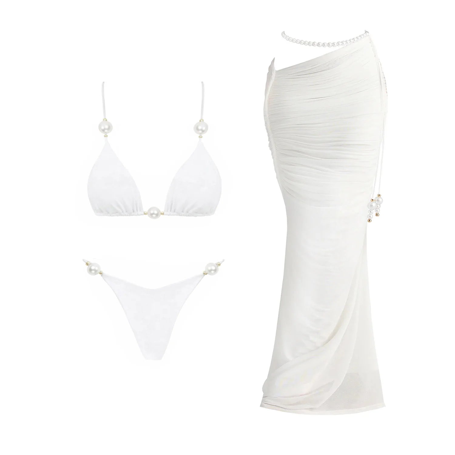 Pearl 3Pcs Bikini Set 2025 Bandeau Biquini Women Sexy Swimsuit Push Up Swimwear Female Mesh Skirt White Bathing Suit Beachwear - Kimlud