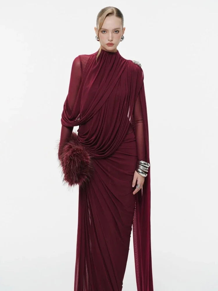 Sexy Long Sleeve O Neck Pleated Draped Long Dress Women Burgundy Mesh Patchwork Folds Slim Runway Celebrity Evening...
