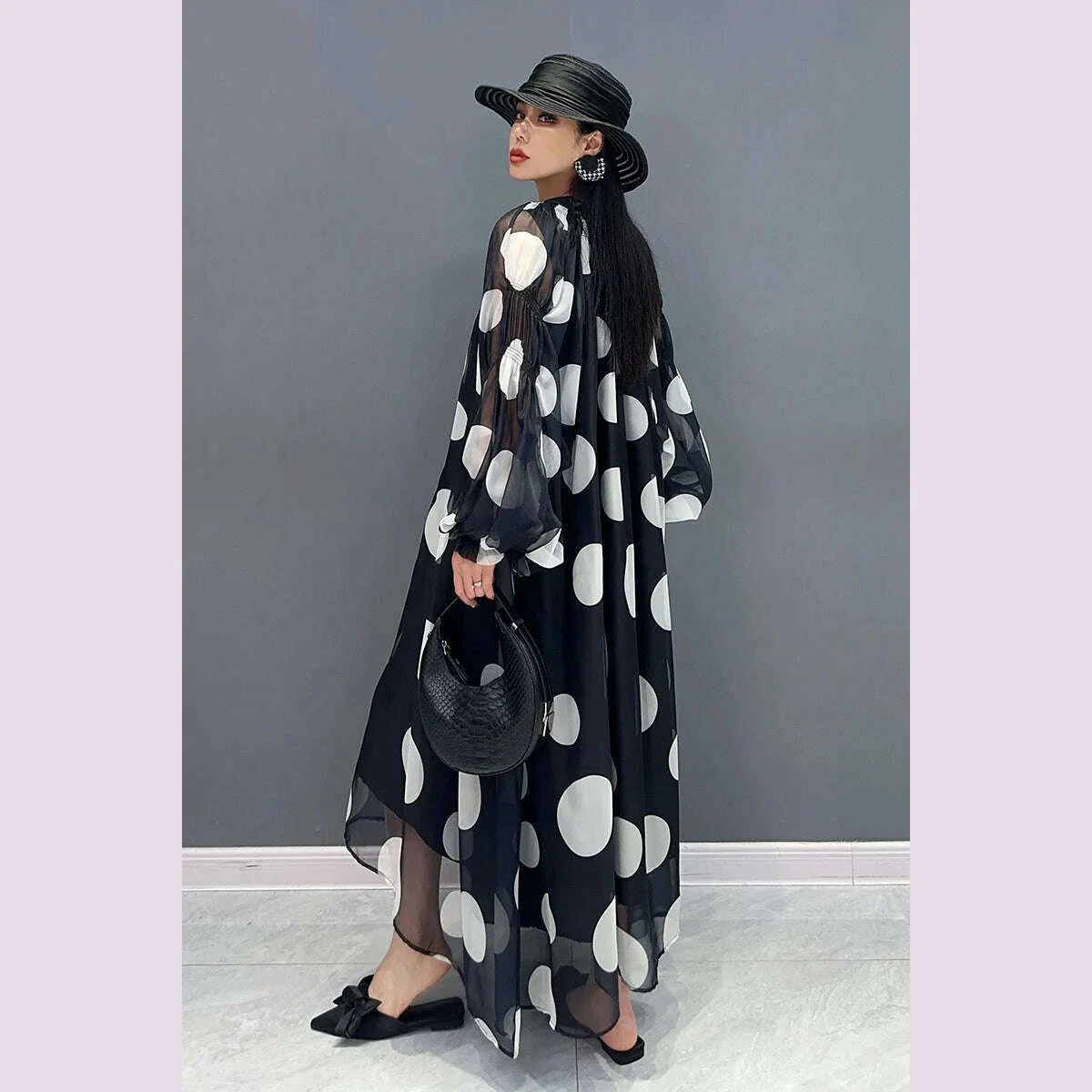 Vefadisa 2025 Summer New Dress Chiffon Printed Polka Dot Puff Sleeves V-neck Long Dress Loose And Elegant HLX007