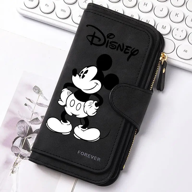 Mickey Minnie Lady Long Zip Wallet Buckle Tote Bag Coin Purse Soft PU Leather Multi-functional Card Holder Casual Daily
