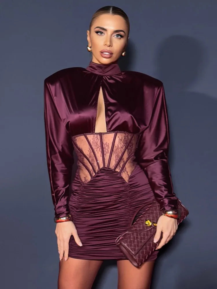 VC Elegant Burgundy Satin Mini Dress with Lace Corset Detail Long Sleeve High Neck Ruched Party Dress for Evening Events & Prom