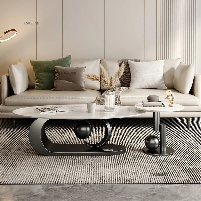 Italian Rock Plate Coffee Tables Living Room Luxury Oval Side Table Creative Wrought Iron Center Table Set Nordic Home...