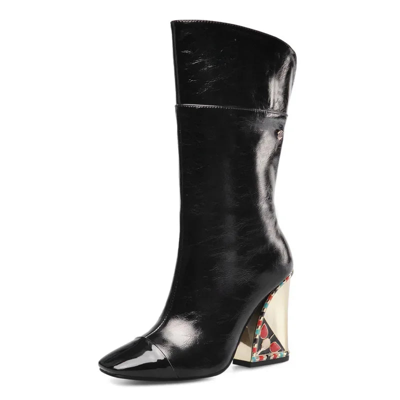 Colored Rhinestone Cowhide Mid Tube/knee Length Boots Thick Heeled Square Toe Black Gold Runway Runway Performance High Heels