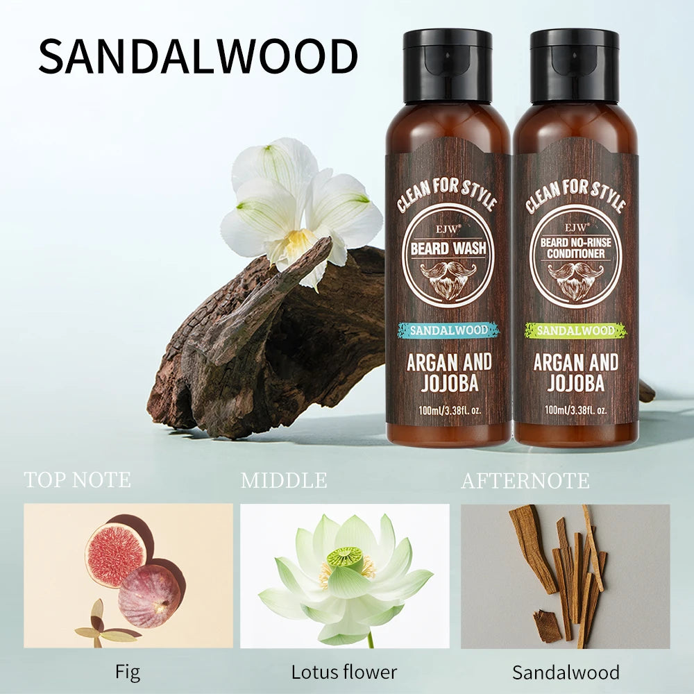 Beard Care Set, Sandalwood Beard Shampoo and Beard no-rinse conditioner- Softens & Strengthens Beard, with Argan and Jojoba Oil
