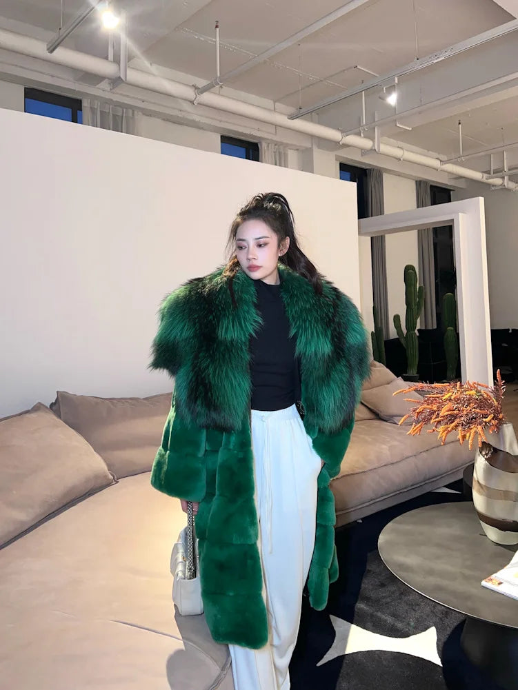 2023 New Winter Women Real Rex Rabbit Fur Coat Long Luxury Jacket with Super Large Raccoon Fur Collar Ladies Fashion Overcoat