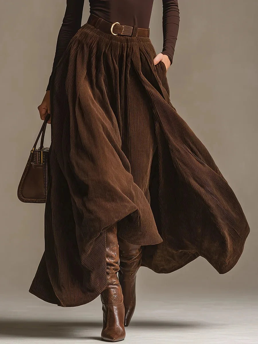 Retro Elegant Corduroy Long Skirt 2 Pieces Sets Turtleneck Long Sleeve Slim Top + Pocket Skirt Outfits Solid color Suit Outfits