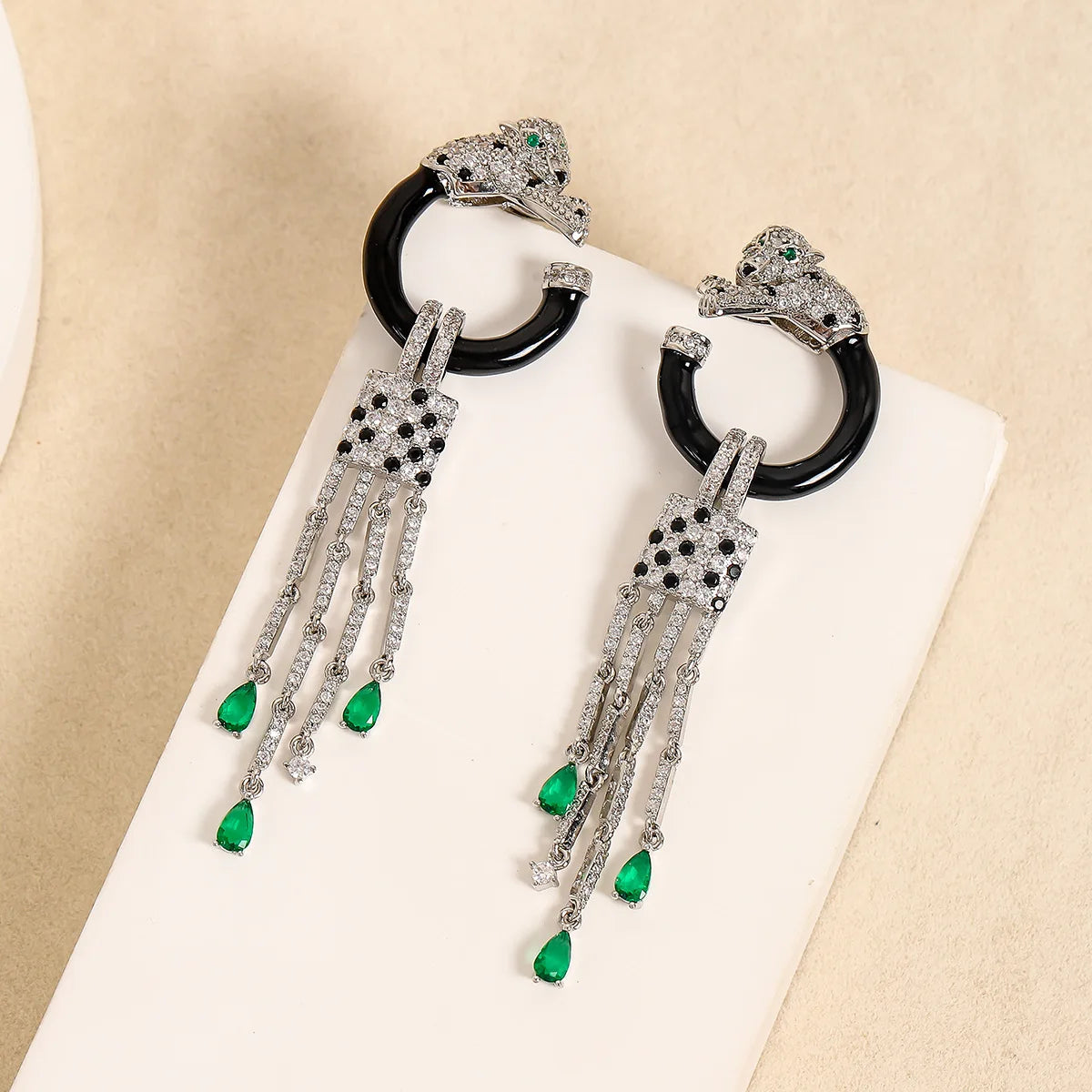 Women New openwork Earrings 925 Silver Needle Leopard Head Tassel inset Zircon