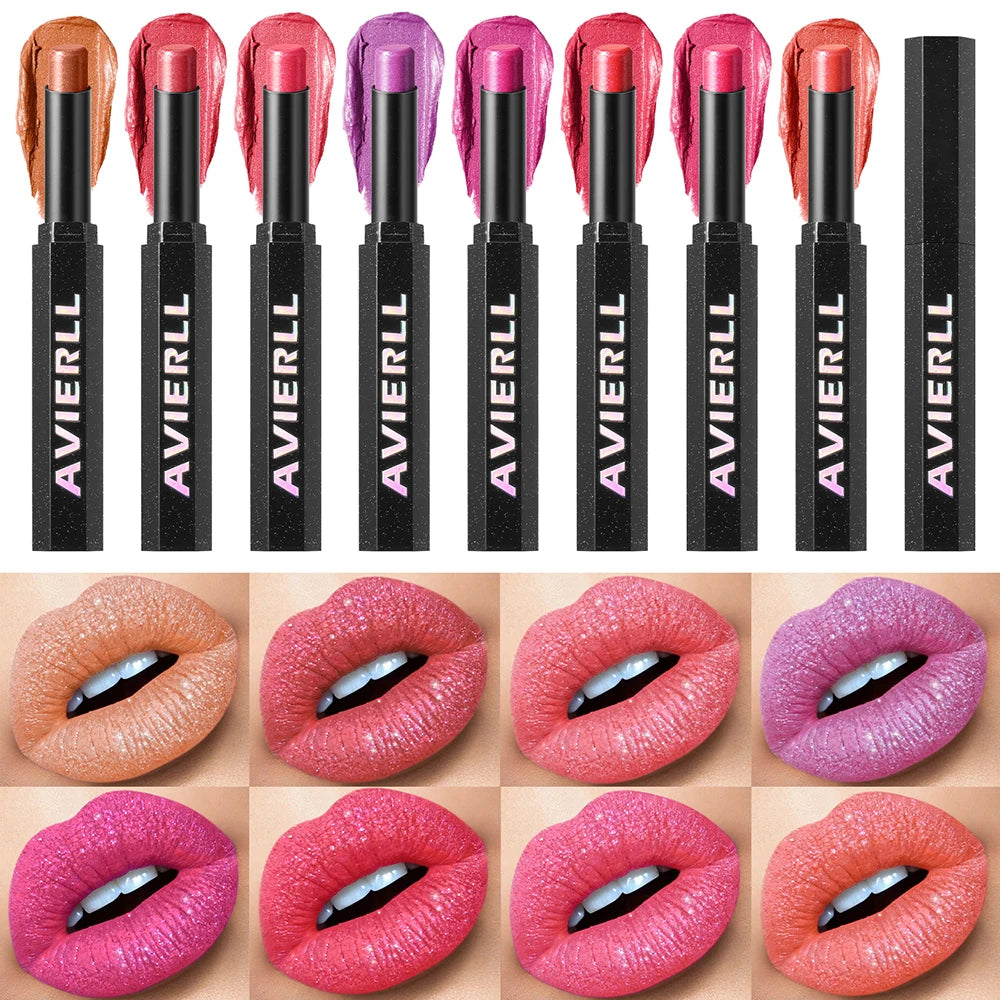 Diamond Shiny Lipstick Highly Pigmented Metallic Pearl Lipstick Waterproof Long-Lasting Makeup Sparkle Radiant All Day Cosmetic