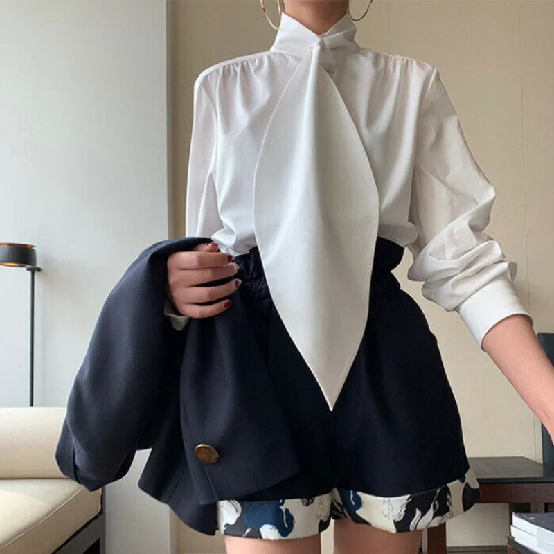 Freeacy Stylish Black White Solid Color Long Sleeves High Neck Blouses Loose Fit Office Shirt Tops For Urban Women 2023 New