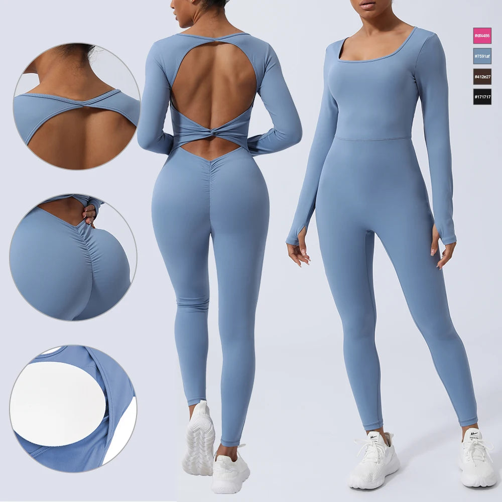 Women Fitness Jumpsuit Backless Long Sleeve Tights Yoga Set Running Training With Padded Sport Set - Kimlud