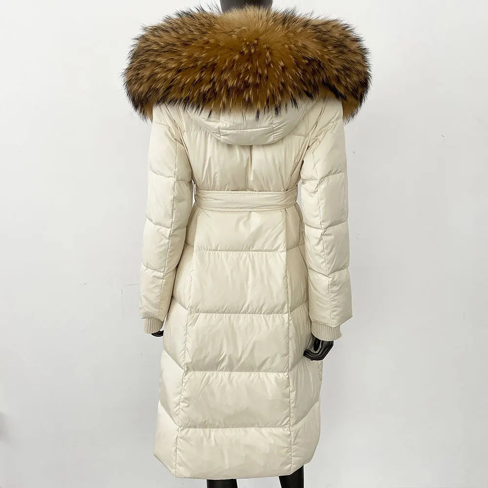 CXFS New Real Raccoon Fox Fur Collar Hooded Natural Long Winter Jacket Women 90 White Duck Down Coat Thick Warm Casual Outerwear