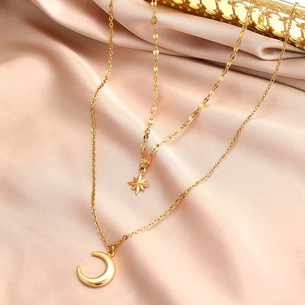 DOTIFI Stainless Steel Eight-Pointed Star Moon Pendant Double-Layer Necklace Women's Fashion Minimalist Commuter Chain Jewelry - Kimlud