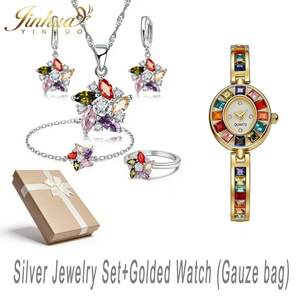 26 Wellness Jewelry Set 925 Sterling Silver Windmill Colorful Good Lucky CZ Necklace Earrings Bracelet Ring+Gift Box For Women