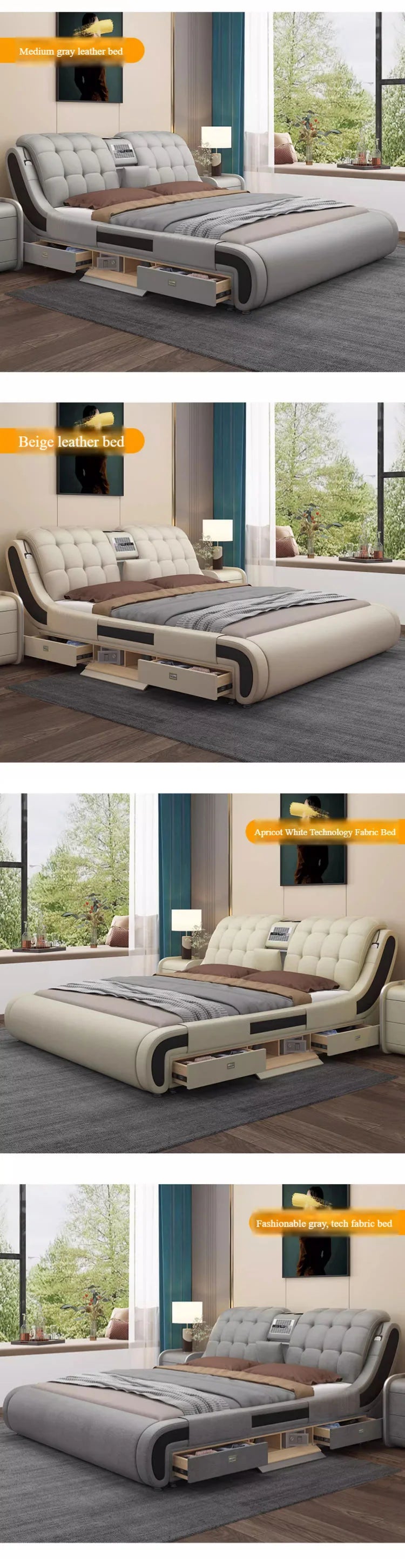 Modern Luxury Bedroom Furniture Smart Electric Massage Up-holstered Beds king Size Double Bed Gas Lift Frame with Storage Design