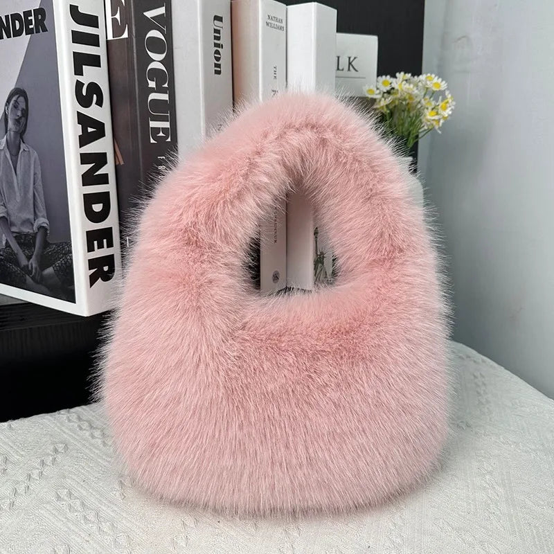 Winter Soft Plush Half Moon Bag Faux Fur Party Clutch Bag Lady Handbags Fluffy Female Winter Purse Casual Tote Bag Fashional Bag