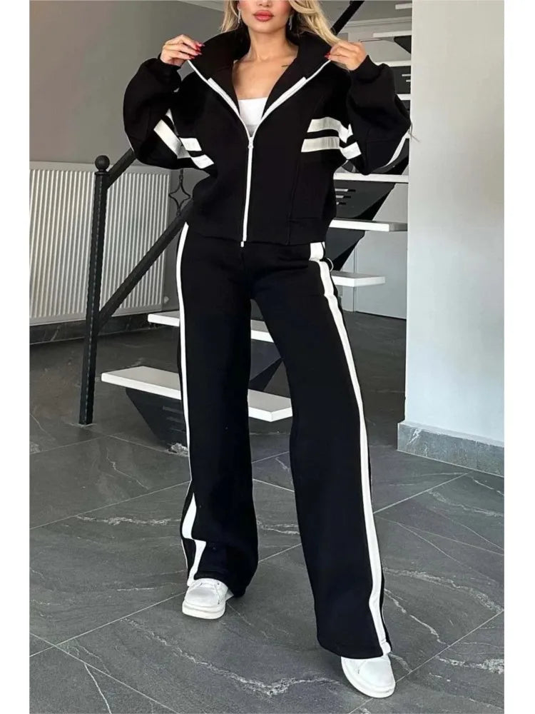 Autumn Winter Women's New Hoodie Suit Y2K Striped Zipper Loose Fit Jacket Outwear And High Waist Side-striped Pants Sports Sets - Kimlud