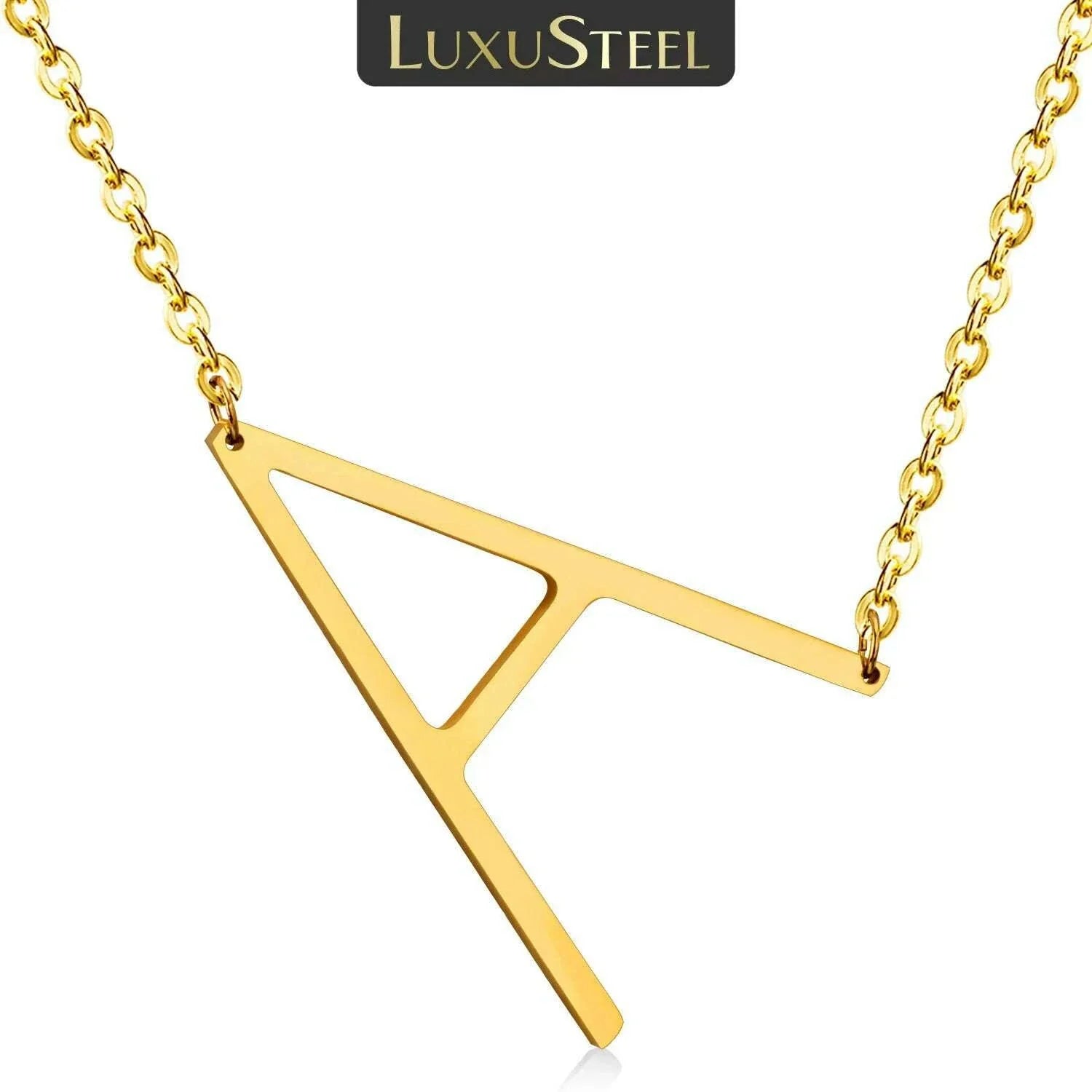 LUXUSTEEL Stainless Steel Large Initial Necklaces For Women Sideways Big 26 Letter A-Z Golden Color Monogram Alphabet Collar