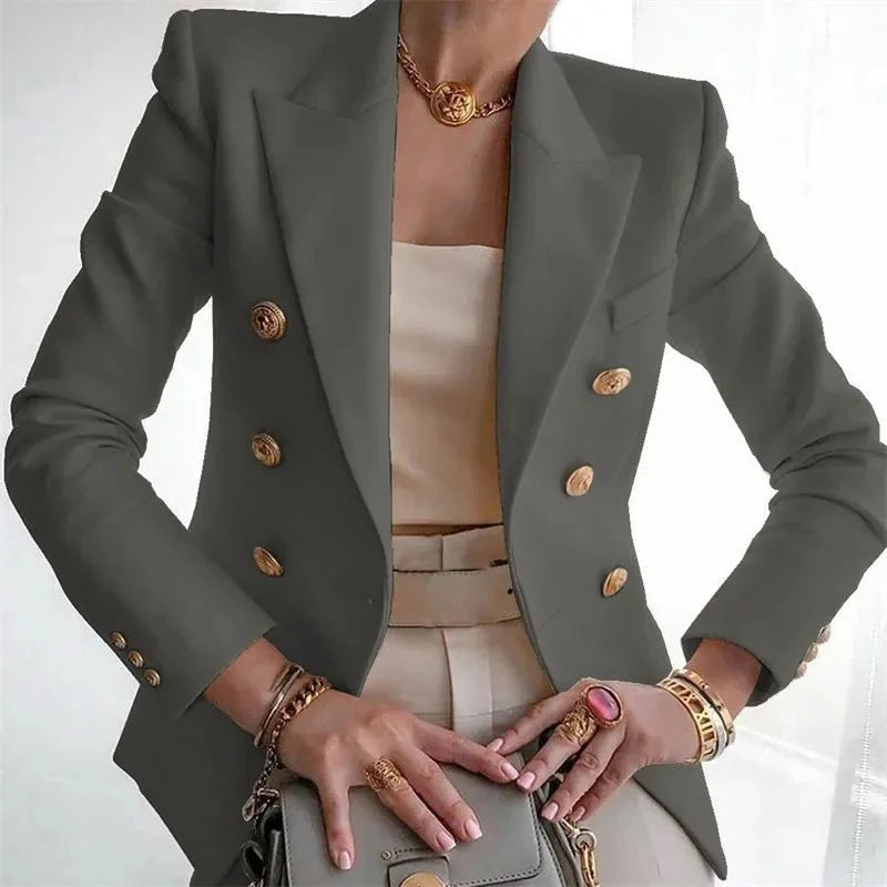 Women's Elegant Metal Buckle White Suit Jacket Casual Office lady Blazer High-end Feel Western-style Clothe