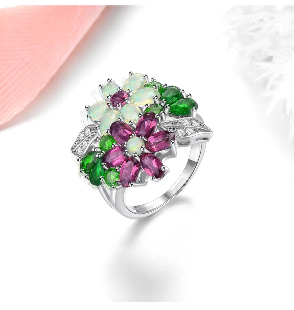 Natural Rhodolite Garnet Opal Solid Sterling Silver Rings 4 Carats Genuine Multicolor Gemstone Diopside Gorgerous Fine Jewelrys