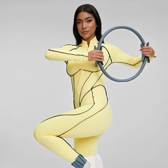 Women's Long Sleeve Zip Front Jumpsuit Chic Open Back with Contrast Stitching Stretchy Fit for Gym Streetwear Activewear Romper - Kimlud