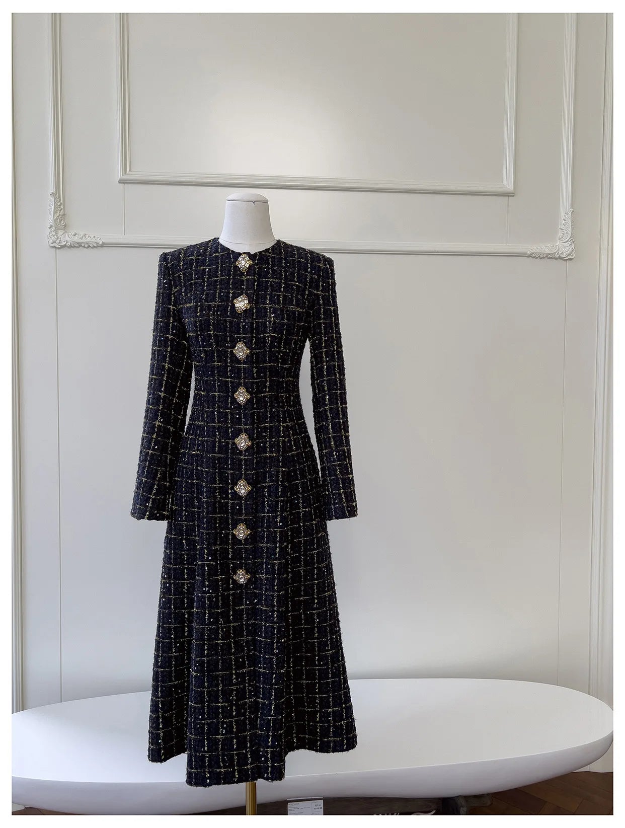 IEQJ Fashion Autumn Winter Evening Dress Women O-Neck Long Sleeves Single-breasted Zipper Cotton Tweed Umbrella Dresses New