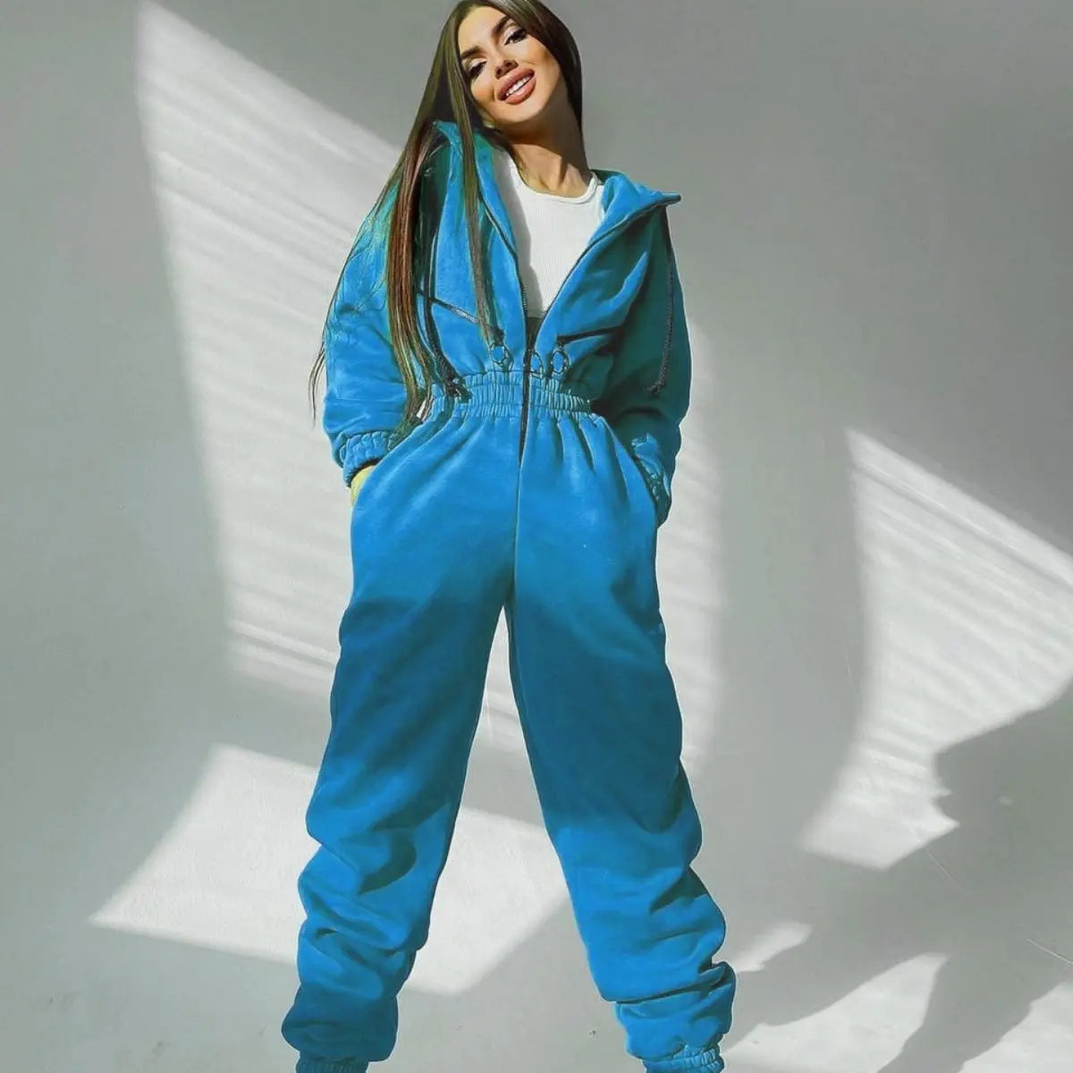Long Sleeve Sports Casual Women's Hooded Overall Pants Jumpsuits Solid Color Jumpsuit Women One-Piece Suit - Kimlud