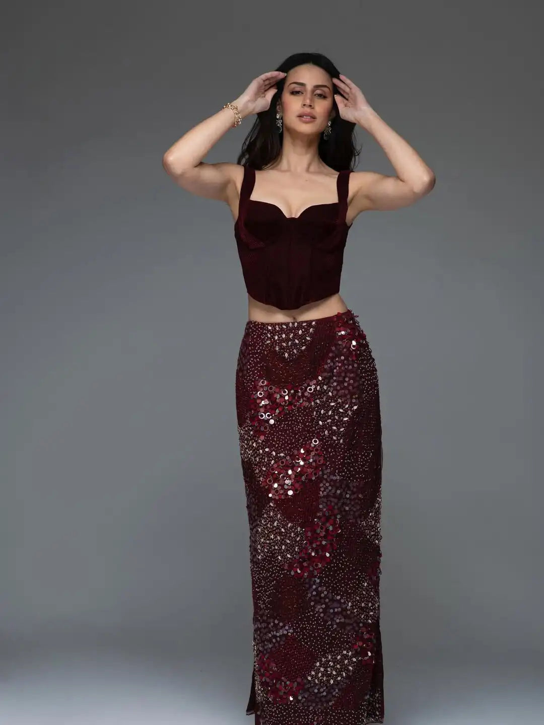 Ofherown New Burgundy Two-Piece Evening Dress Velvet Corset Top Sequin Beaded Mermaid Skirt Formal Prom Gown for Gala Party Prom