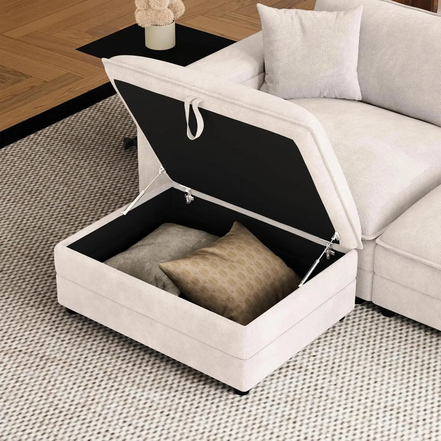 U-Shaped Sectional Sofa Ottoman Storage Armrest USB Ports Spring Cushion Solid Wood Chenille Living Room 115", Customized - Kimlud