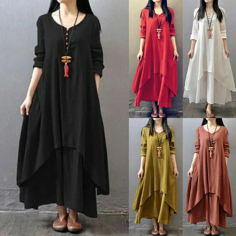 Women's Dress Long Dress Fashion Fake Two Pieces Loose Long Sleeve Art Big Swing Cotton Hemp Bohemian Cotton Vintage Women Dress - Kimlud