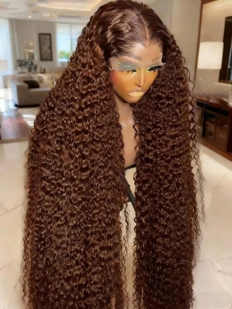 30‑40 Inch Chocolate Brown Deep Wave 13x6 Lace Frontal Wigs Premium Human Hair Preplucked 200% Density Colored Curly Wig...