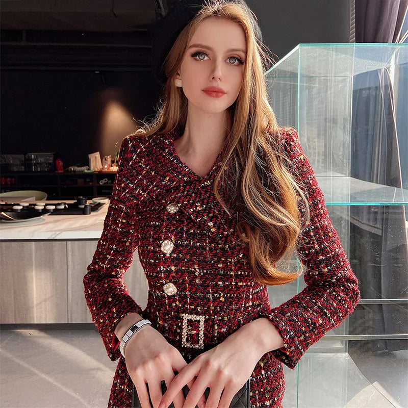 Elegant Retro Tweed Asymmetric Large Lapel Slimming Dress Women's Autumn Winter High-Grade Long Sleeve Mid-length Dress...