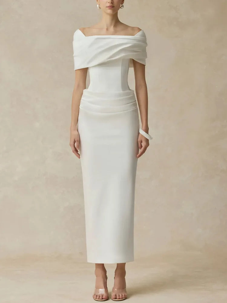 French Elegant Temperament Off-shoulder Short Sleeves High Waist Bodycon White Evening Party Long Dress for Women 2026...