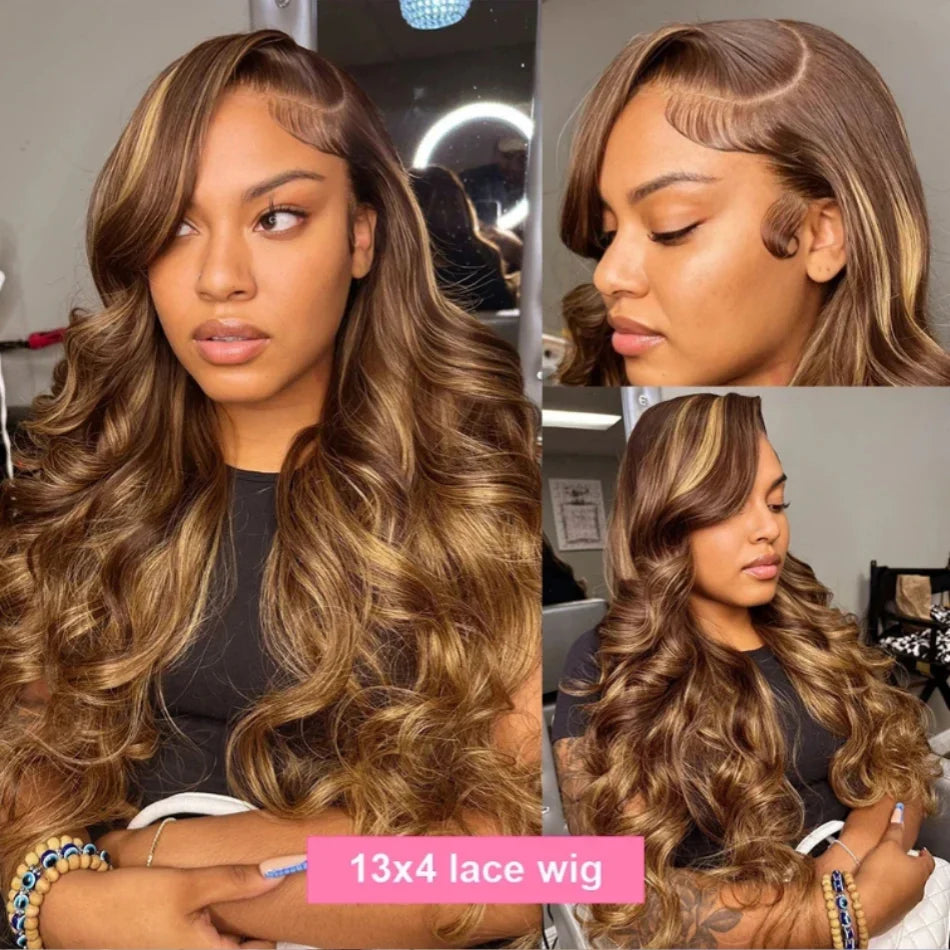 Highlight Body Wave 13x6 Transparent Lace Frontal Wig Human Hair 4/27 Colored Lace Front Human Hair Wigs For Women Pre Plucked - Kimlud